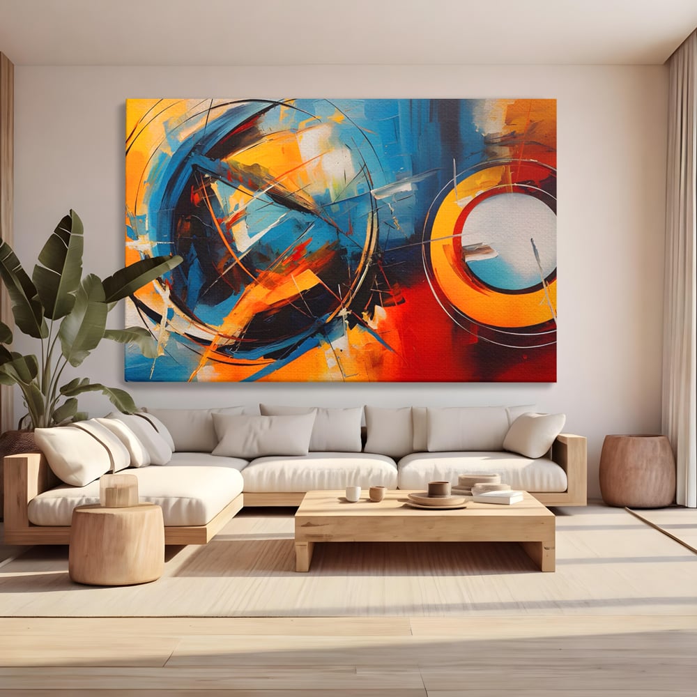 Tablou canvas cu pictura abstracta cu cercuri si linii, fara rama, pe sasiu de lemn, pe perete intr-un living